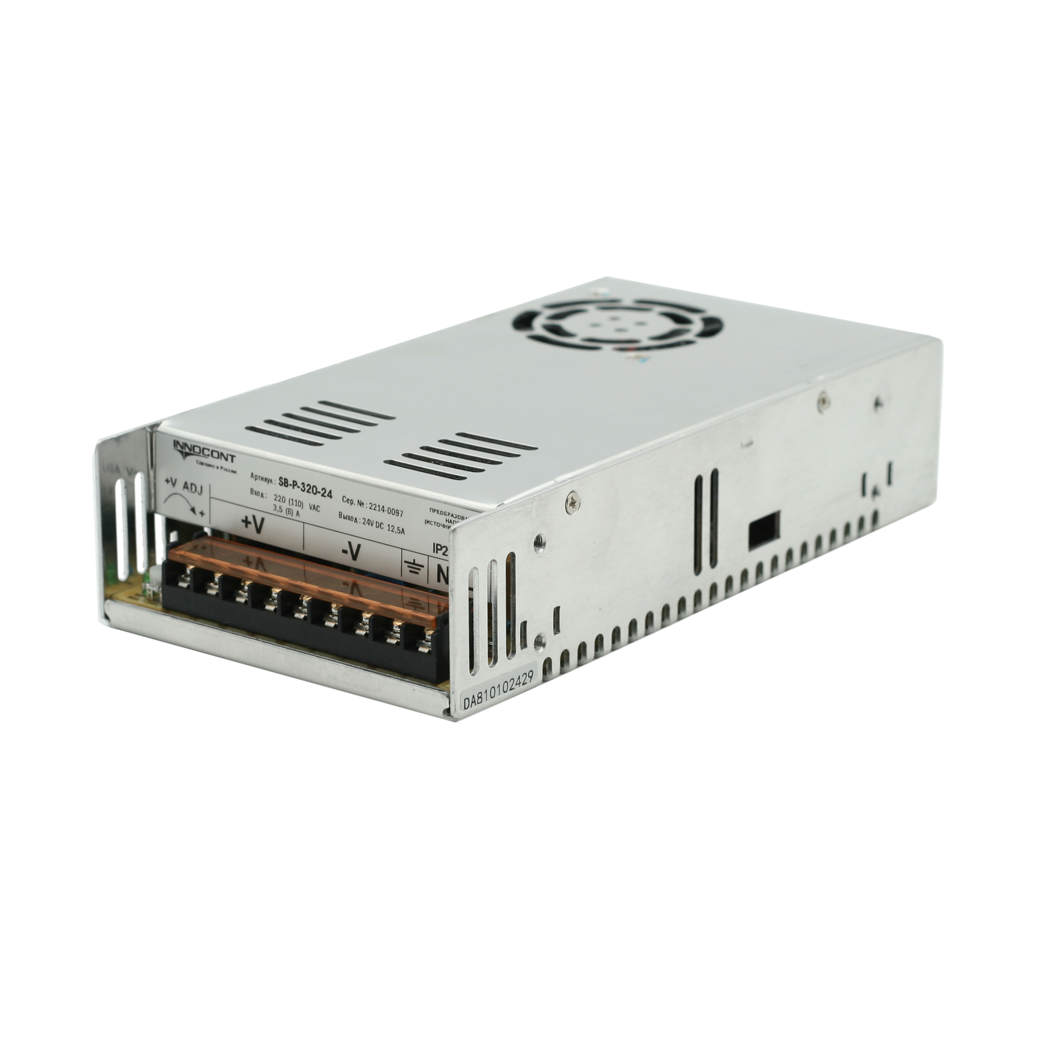 Источник питания INNOCONT. Вход: 220VAC, 3.5А, выход: 300W, 24VDC, 12.5A,-10 +50С, IP20, типы защиты: КЗ, перегрузка, перенапряжение SB-P-320-24