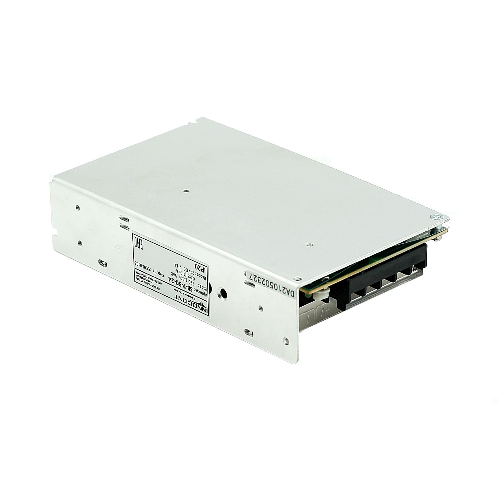 Источник питания INNOCONT. Вход: 220VAC, 0.52А, выход: 50W, 24VDC, 2.1A,-10 +50С, IP20, типы защиты: КЗ, перегрузка, перенапряжение SB-P-50-24